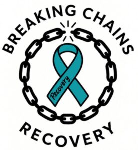 Breaking Chains Recovery logo featuring a teal recovery awareness ribbon encircled by a broken black chain. The word “Recovery” appears on the ribbon, with the words “Breaking Chains” above and “Recovery” below the design. The logo symbolizes overcoming addiction and the journey to recovery.