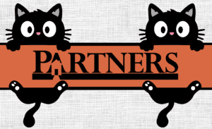 Halloween-themed graphic featuring four black cartoon cats peeking over and under an orange banner displaying the word “Partners.” The cats have large white eyes and pink noses, and the background is a light gray textured pattern. The design has a playful, festive Halloween appearance.