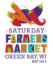 **Alt text:** Colorful logo for the Saturday Farmers Market in Green Bay, Wisconsin. The design features illustrated carrots, an eggplant, a strawberry, and a red pepper above the words “Saturday Farmers Market.” Text below reads “Green Bay, WI” and “Est. 1917.” The logo uses bright purple, orange, red, green, and teal colors.