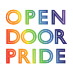 The words “OPEN DOOR PRIDE” displayed in three stacked rows, with each letter outlined in a rainbow gradient transitioning through red, orange, yellow, green, blue, and purple on a white background.